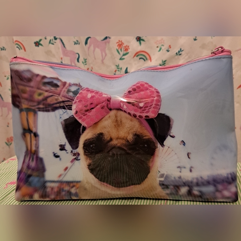 NWOT Catseye London Pug Dog Large Makeup Cosmetic Beauty Travel Purse Clutch Bag